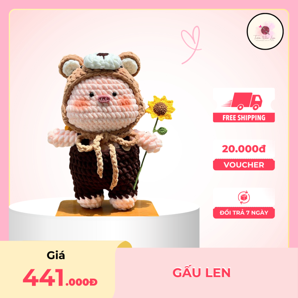 Gấu Bông Len Heo Cầm Hoa Bằng Len Nhung Đũa,